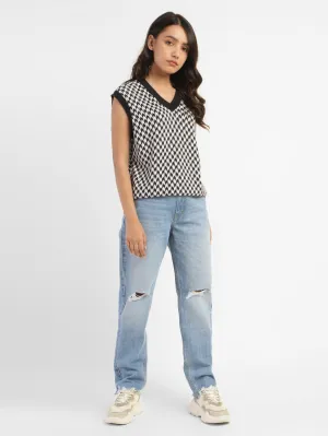 Women's V-Neck Checkered Sweater