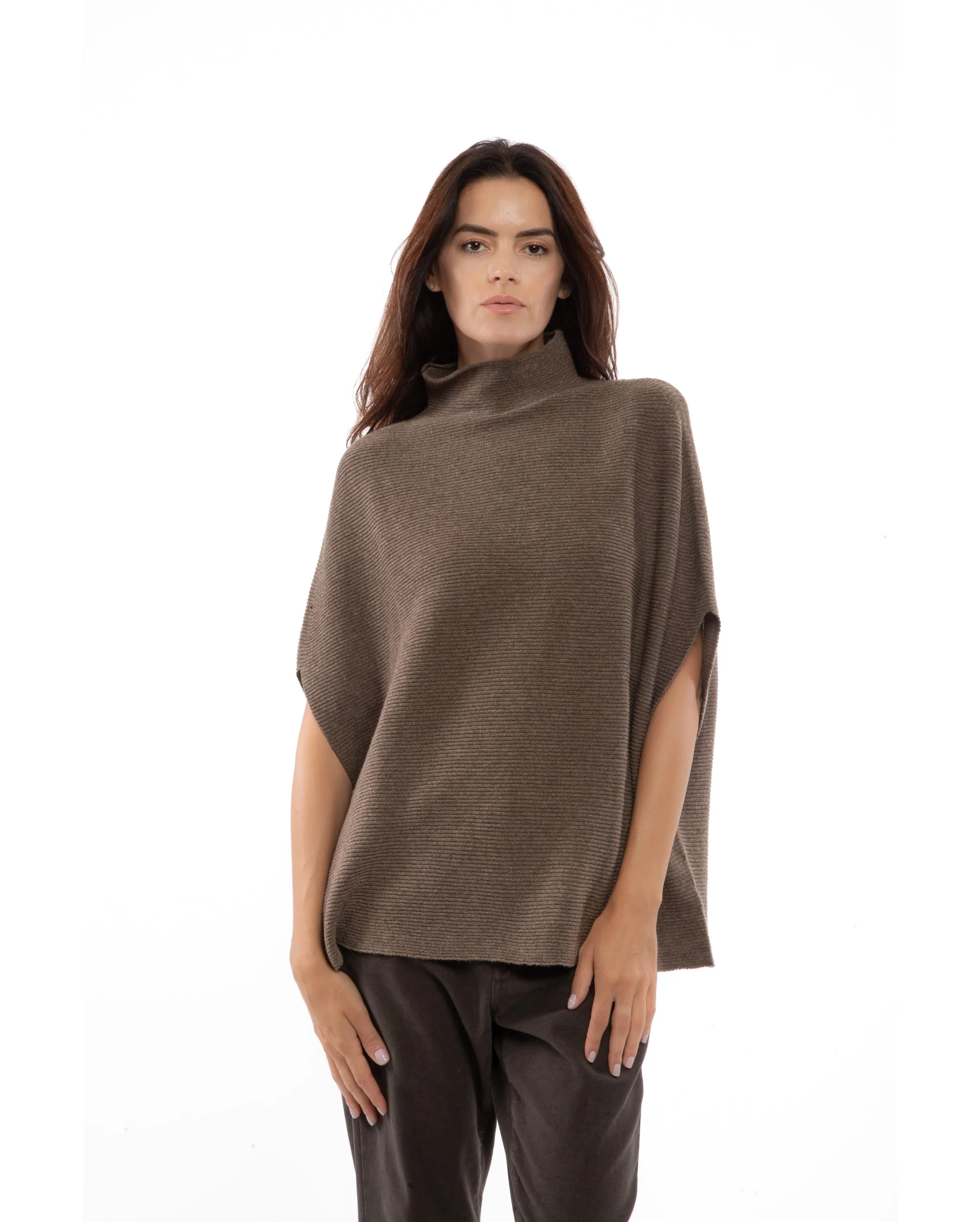 Womens's Pure Cashmere Funnel Neck Poncho Melange Gray