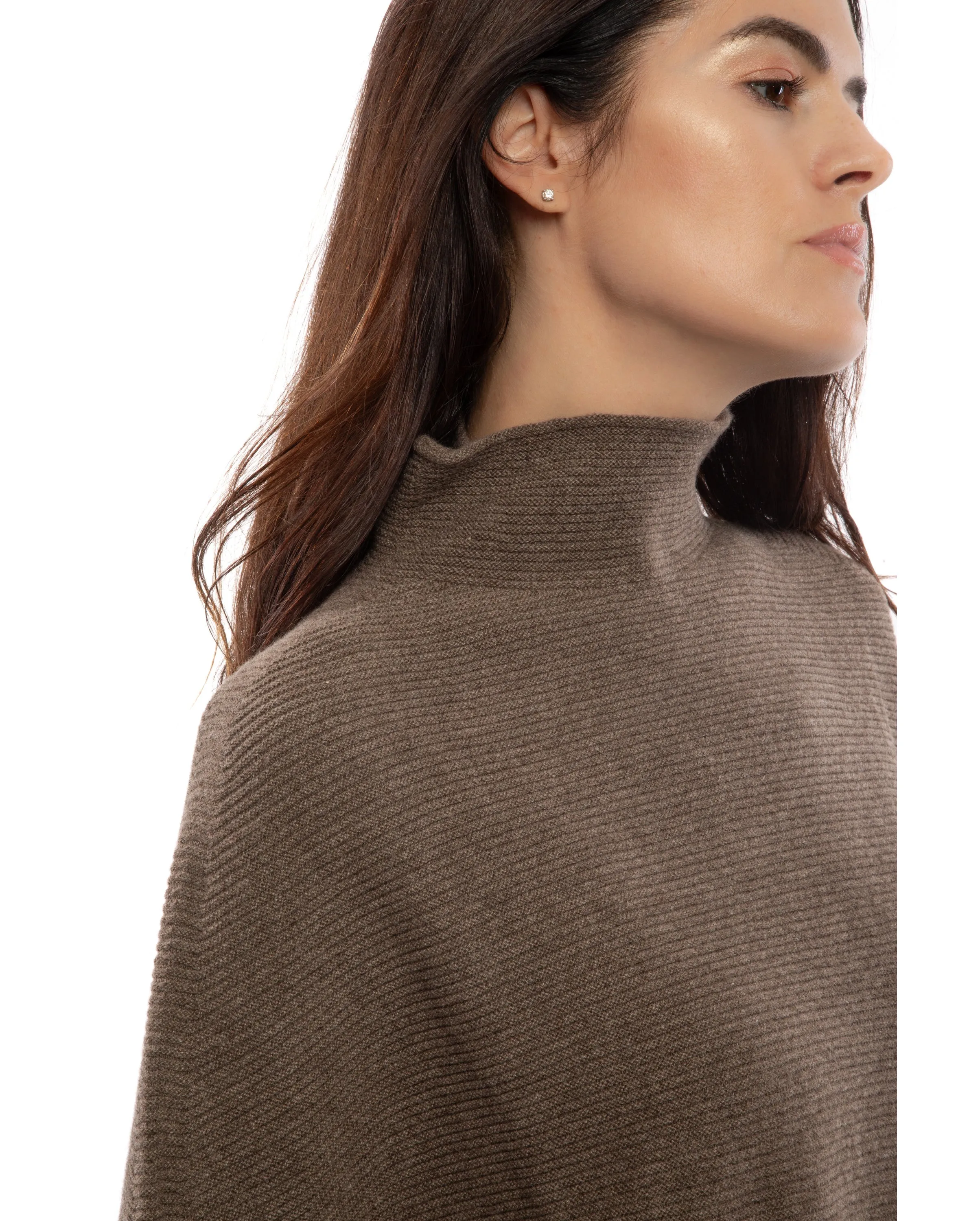 Womens's Pure Cashmere Funnel Neck Poncho Melange Gray