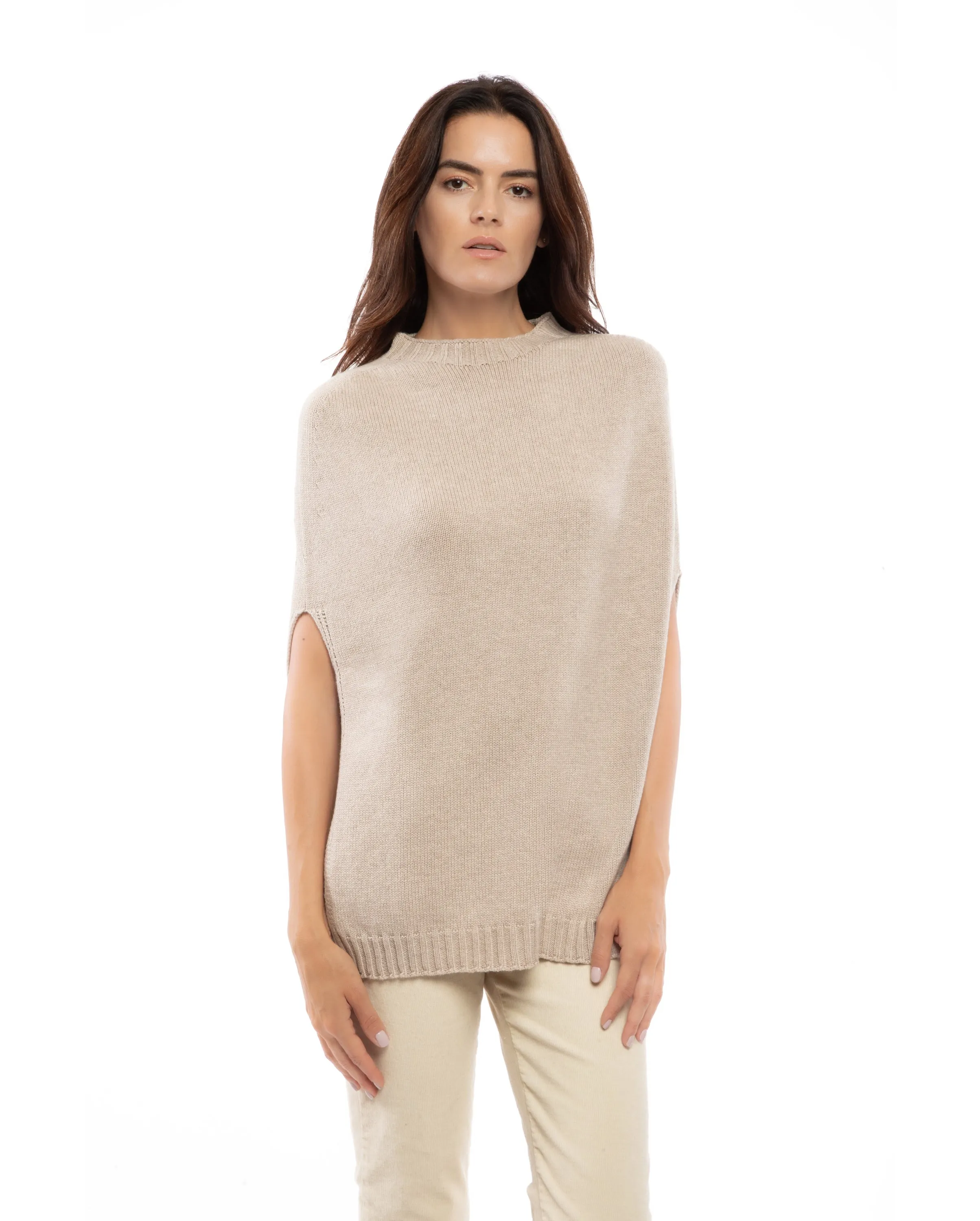 Womens's Pure Cashmere Side Slits Poncho Milk White