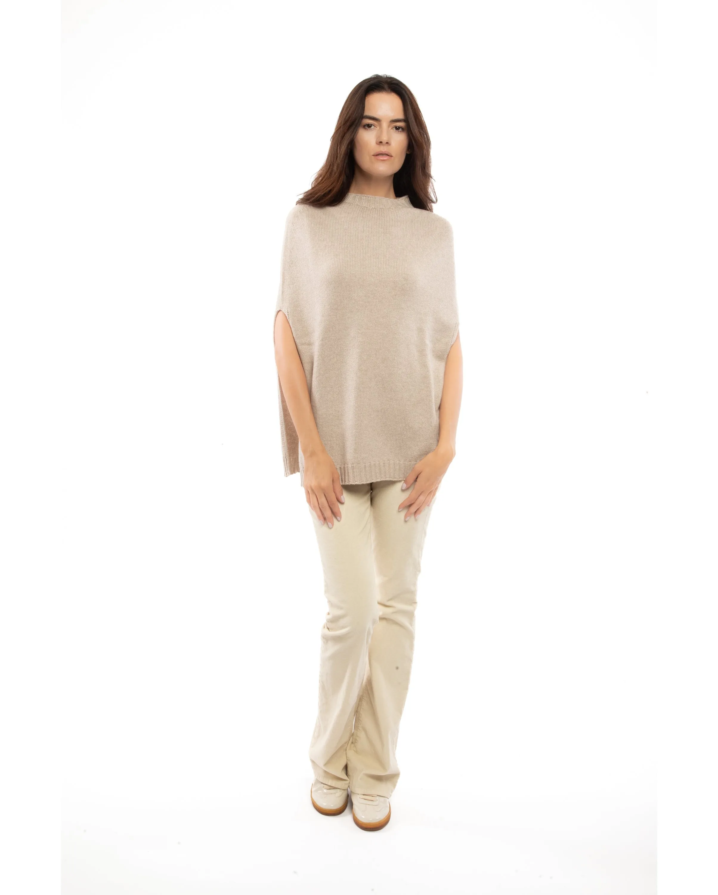 Womens's Pure Cashmere Side Slits Poncho Milk White