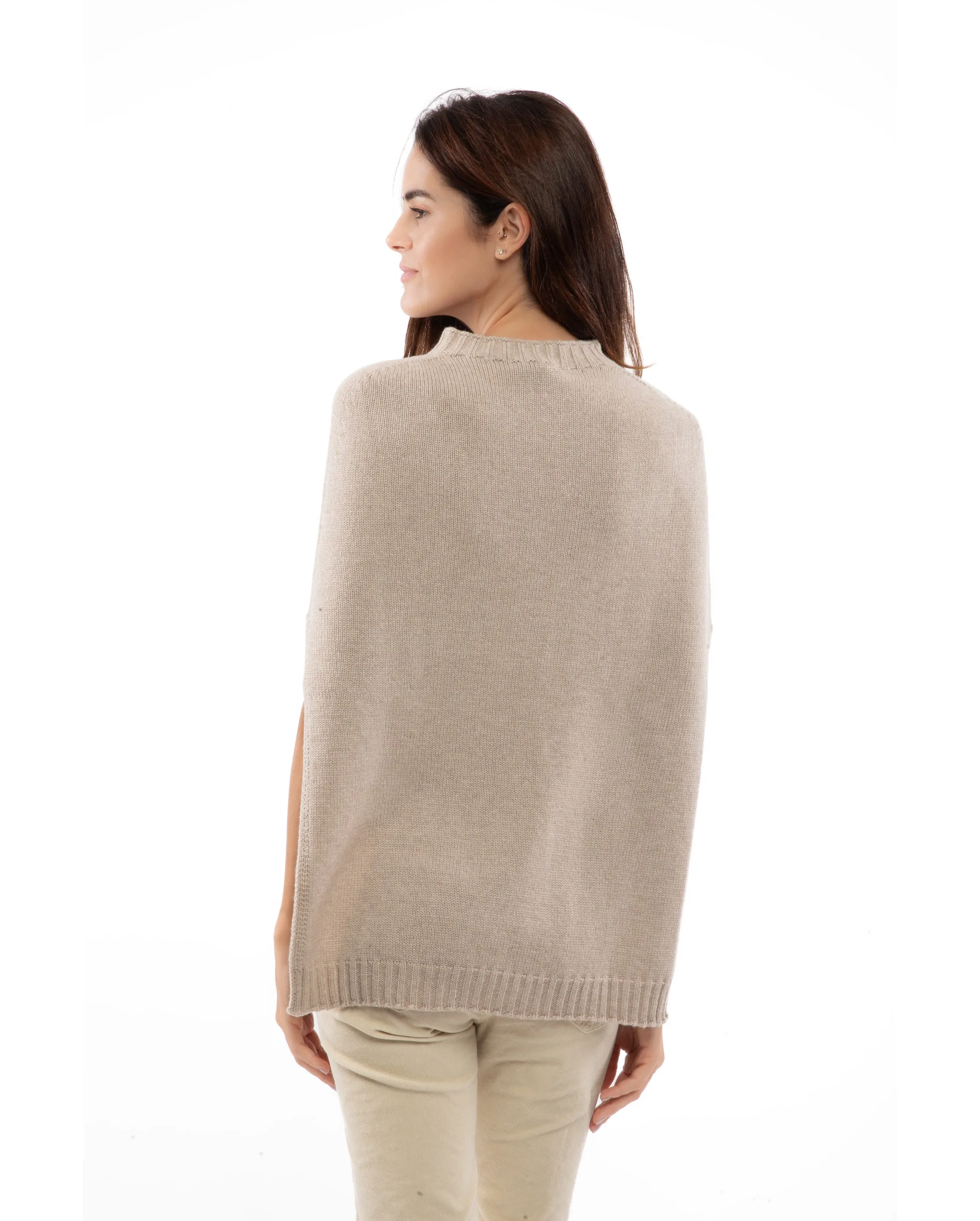 Womens's Pure Cashmere Side Slits Poncho Milk White